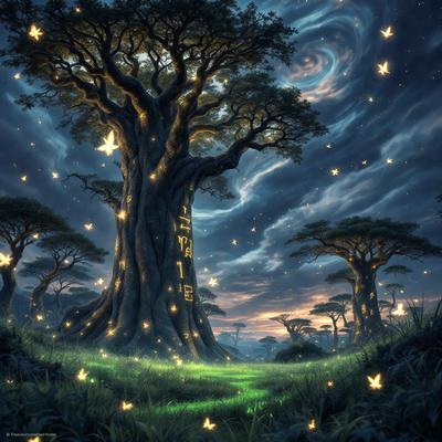 Primary subject: A tree with a message carved into it.
Setting/background: A forest with a blue sky and stars in the background.
Visual style: Digital art.
Colors and mood: The tree is lit up with a blue glow, creating a serene and magical atmosphere.